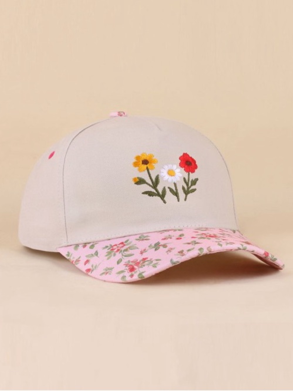 Zenana Floral Embroidered Beige and Pink Baseball Cap